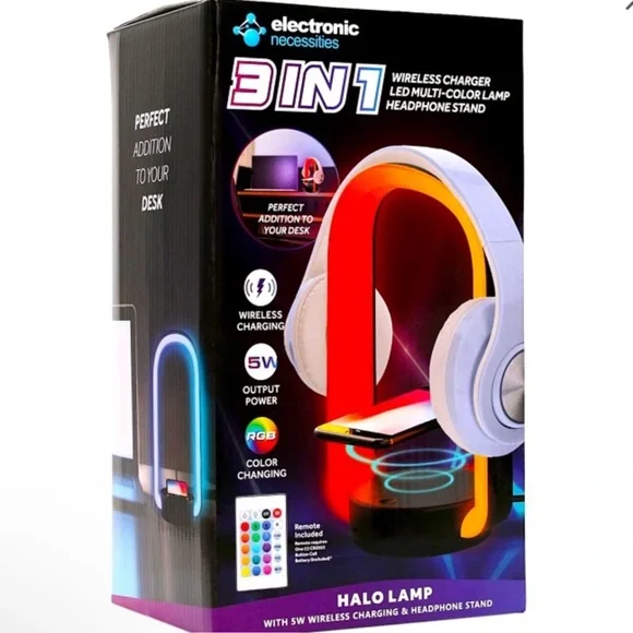 NIB-3-In-1 Color-Changing LED Halo Lamp With Wireless Charger & Headphon… - Picture 1 of 8